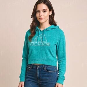 ADIDAS Turquoise Climawarm 3-Stripe Cropped Hoodie size Large